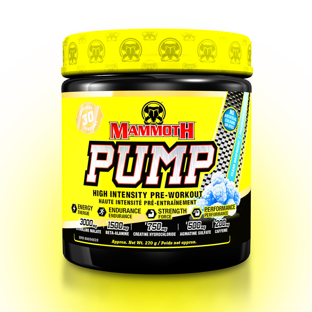 MAMMOTH PUMP - Fully Loaded powerful pre-workout formula with scientifically researched ingredients in effective doses, for Extreme Energy and endurance, high intensity workouts; Hard Muscle Gains and Massive Muscle Pumps! Clear Blue Raspberry PREWORKOUT HIGH INTENSITY ENDURANCE STRENGTH. MEN WOMEN. Preworkout Supplement Canada.