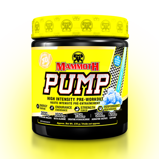 MAMMOTH PUMP - Fully Loaded powerful pre-workout formula with scientifically researched ingredients in effective doses, for Extreme Energy and endurance, high intensity workouts; Hard Muscle Gains and Massive Muscle Pumps! Clear Blue Raspberry  PREWORKOUT HIGH INTENSITY ENDURANCE STRENGTH. MEN WOMEN. Preworkout Supplement Canada.