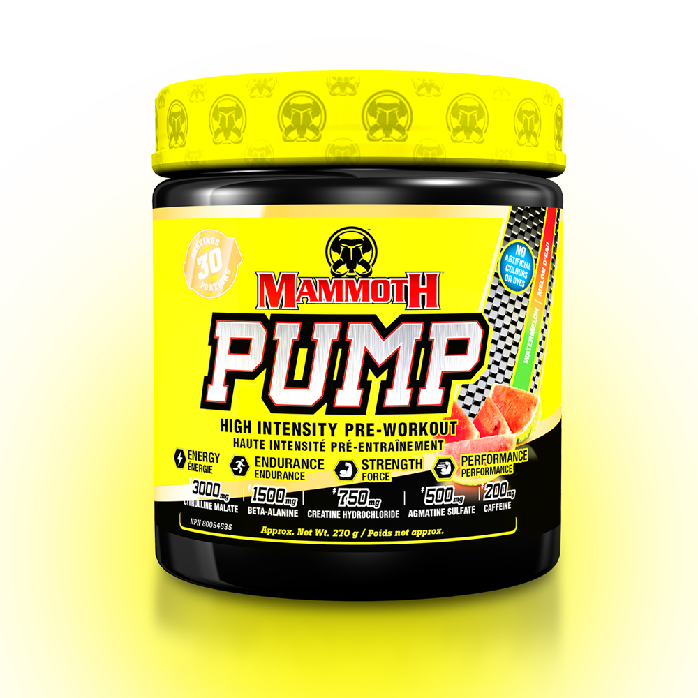 MAMMOTH PUMP - Fully Loaded powerful pre-workout formula with scientifically researched ingredients in effective doses, for Extreme Energy and endurance, high intensity workouts; Hard Muscle Gains and Massive Muscle Pumps! HIGH INTENSITY ENDURANCE STRENGTH. MEN WOMEN. Preworkout Supplement Canada. Best PREWORKOUT. 30 servings. Watermelon flavour.