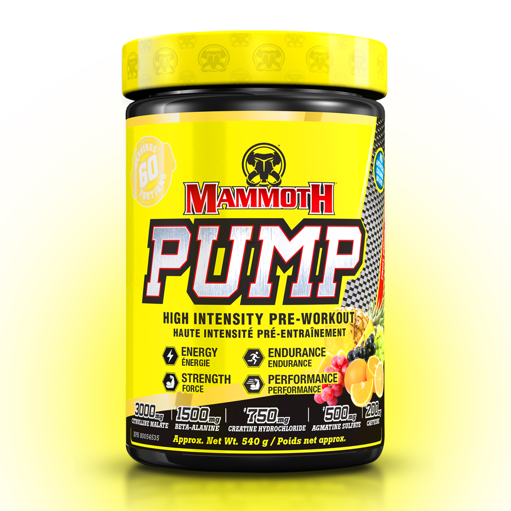 MAMMOTH PUMP - Fully Loaded powerful pre-workout formula with scientifically researched ingredients in effective doses, for Extreme Energy and endurance, high intensity workouts; Hard Muscle Gains and Massive Muscle Pumps! HIGH INTENSITY ENDURANCE STRENGTH. MEN WOMEN. Preworkout Supplement Canada. Best PREWORKOUT. Fruit Punch flavour.