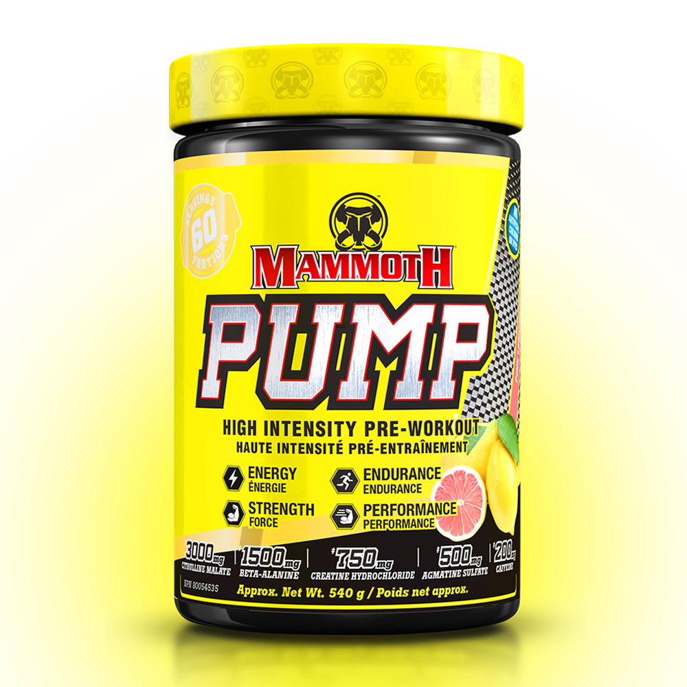 MAMMOTH PUMP - Fully Loaded powerful pre-workout formula with scientifically researched ingredients in effective doses, for Extreme Energy and endurance, high intensity workouts; Hard Muscle Gains and Massive Muscle Pumps! HIGH INTENSITY ENDURANCE STRENGTH. MEN WOMEN. Preworkout Supplement Canada. Best PREWORKOUT. Pink Lemonade flavour.