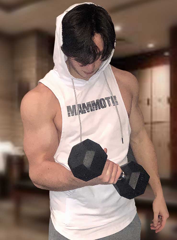 MAMMOTH White drop Sleeveless Hoodie. Show off your hard work at the gym or home workout. Weight training apparel. Bodybuilding. Men's Fitness Apparel. Canada. Men's training tank.  Edit alt text