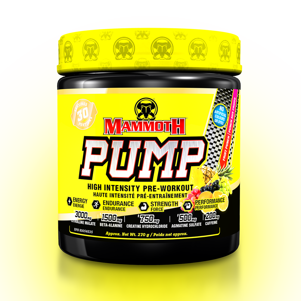 MAMMOTH PUMP - Fully Loaded powerful pre-workout formula with scientifically researched ingredients in effective doses, for Extreme Energy and endurance, high intensity workouts; Hard Muscle Gains and Massive Muscle Pumps! HIGH INTENSITY ENDURANCE STRENGTH. MEN WOMEN. Preworkout Supplement Canada. Fruit Punch PREWORKOUT  Dry scoop challenge