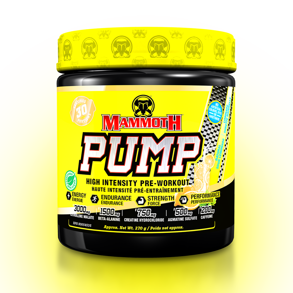 MAMMOTH PUMP - Fully Loaded powerful pre-workout formula with scientifically researched ingredients in effective doses, for Extreme Energy and endurance, high intensity workouts; Hard Muscle Gains and Massive Muscle Pumps! HIGH INTENSITY ENDURANCE STRENGTH. MEN WOMEN. Preworkout Supplement Canada. Sour Lemonade PREWORKOUT 
