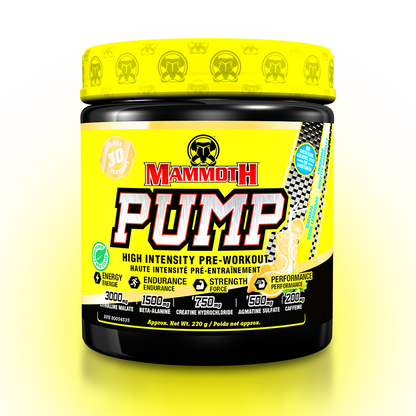 MAMMOTH PUMP - Fully Loaded powerful pre-workout formula with scientifically researched ingredients in effective doses, for Extreme Energy and endurance, high intensity workouts; Hard Muscle Gains and Massive Muscle Pumps! HIGH INTENSITY ENDURANCE STRENGTH. MEN WOMEN. Preworkout Supplement Canada. Sour Lemonade PREWORKOUT 