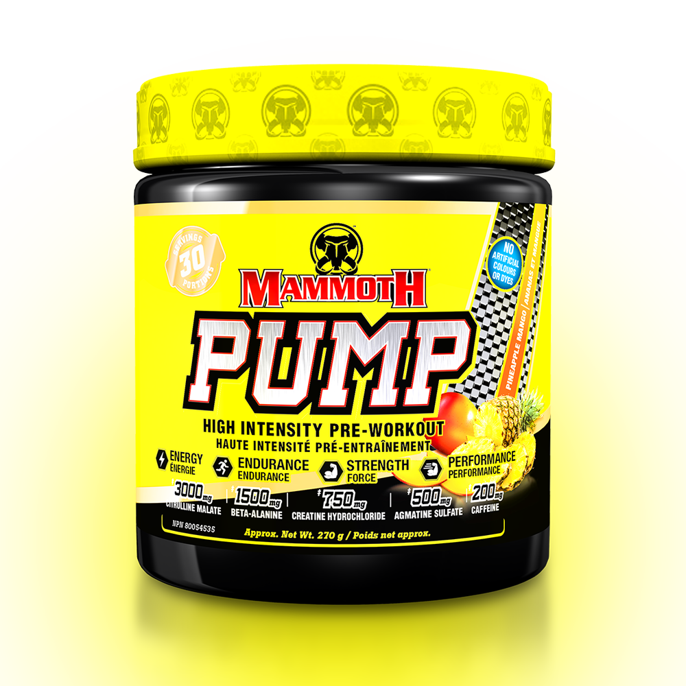 MAMMOTH PUMP - Fully Loaded powerful pre-workout formula with scientifically researched ingredients in effective doses, for Extreme Energy and endurance, high intensity workouts; Hard Muscle Gains and Massive Muscle Pumps! HIGH INTENSITY ENDURANCE STRENGTH. MEN WOMEN. Preworkout Supplement Canada. Best PREWORKOUT. 30 servings. Pineapple Mango flavour. 