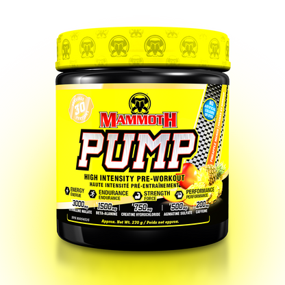 MAMMOTH PUMP - Fully Loaded powerful pre-workout formula with scientifically researched ingredients in effective doses, for Extreme Energy and endurance, high intensity workouts; Hard Muscle Gains and Massive Muscle Pumps! HIGH INTENSITY ENDURANCE STRENGTH. MEN WOMEN. Preworkout Supplement Canada. Best PREWORKOUT. 30 servings. Pineapple Mango flavour. 
