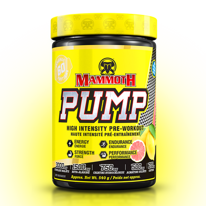 MAMMOTH PUMP - Fully Loaded powerful pre-workout formula with scientifically researched ingredients in effective doses, for Extreme Energy and endurance, high intensity workouts; Hard Muscle Gains and Massive Muscle Pumps! HIGH INTENSITY ENDURANCE STRENGTH. MEN WOMEN. Preworkout Supplement Canada. Best PREWORKOUT. Pink Lemonade  flavour. 