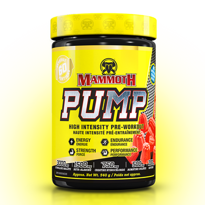MAMMOTH PUMP - Fully Loaded powerful pre-workout formula with scientifically researched ingredients in effective doses, for Extreme Energy and endurance, high intensity workouts; Hard Muscle Gains and Massive Muscle Pumps! HIGH INTENSITY ENDURANCE STRENGTH. MEN WOMEN. Preworkout Supplement Canada. Best PREWORKOUT. 60 servings. Swedish Berry flavour. 